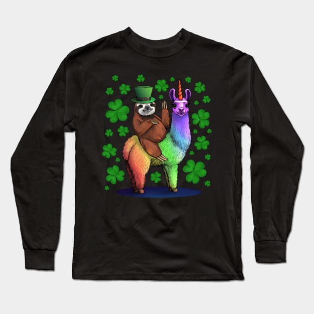 Leprechaun Sloth Riding Llama Unicorn St Patricks Day Long Sleeve T-Shirt by Jay Diloy